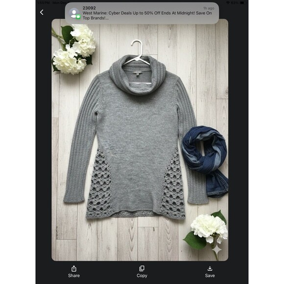 Roz & Ali Gray Ribbed Cowl Neck Sweater Wool Blend Lattice Detail Women’s Medium - Picture 2 of 5